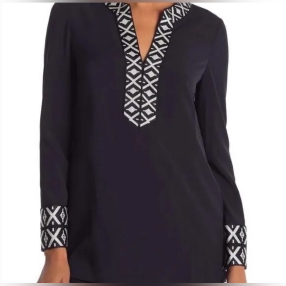 TORY BURCH ARIANA V Neck Tunic with Taping Blouse Embroidered Knit‎ Trim Size 4
